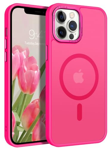 DUEDUE for iPhone 12 Pro Max Case, Magnetic [Compatible with MagSafe] Shockproof Military Grade Drop Protection, Anti-Scratch Translucent Matte Back Case Cover for iPhone 12 Pro Max 6.7, Hot Pink