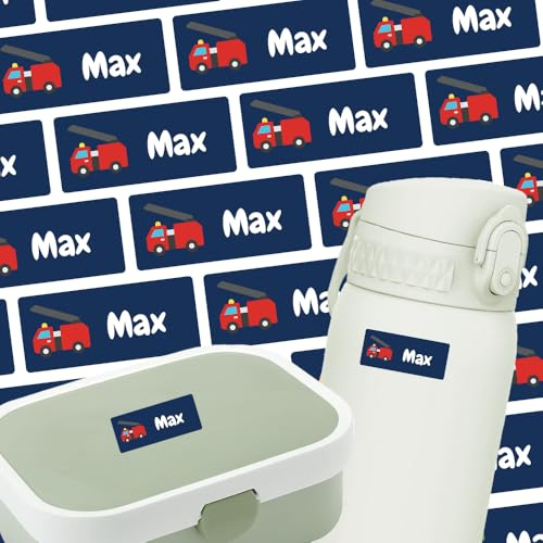 Namensschilder für Brotdose, Trinkflasche & Mehr (35 Aufkleber) – Spülmaschinenfeste Namensetiketten mit Feuerwehr Motiv – Personalisierte Sticker mit Motiv – Waschfest – 30 x 13 mm