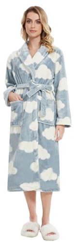 Knuffnee Damen Fleece Morgenmantel Flauschig Lang Bademantel Kuschelig Weich Saunamantel mit Taschen Wolken XL