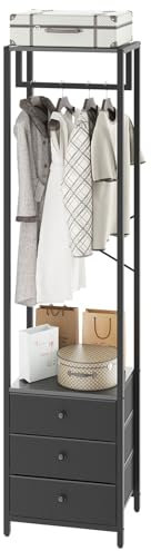 YMYNY Garderobenständer, Kleiderständer mit Schubladen, Freistehender hoher Kleiderschrank offen, Ablagen, Garderobe mit Kleiderstange für Schlafzimmer Wohnzimmer, 39×29×179CM Schwarz HGR001B