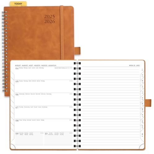 POPRUN Kalender 2025 2026 Buchkalender Notizbuch (Aug.2025-Dez.2026), ca. A5 (22 x 16,5 cm), Terminplaner, Wochenplaner Ringbuch mit Softcover, Zertifiziertem Papier - Braun