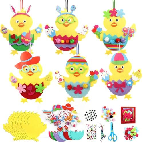 Deepton 12 Stück Ostern Basteln Kinder, Filz Osterbasteln mit Kindern, Süßes Osterküken Anhänger Bastelset für Oster Frühling, Kreative DIY Osterdeko Aufkleber Set für Kinder 3 4 6 Jahre