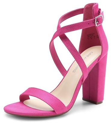 DREAM PAIRS 4 inch High Heels for Women Chunky Block Cross Strap Open Toe Dress Sandals for Wedding Bridal Evening Homecoming Prom,Size 7,Hot Pink,DWUMHS2502