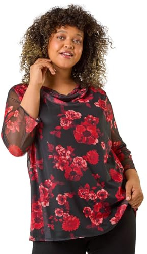 Roman Curve Floral Mesh Cowl Neck Top for Women UK - Ladies Everyday Autumn Winter Comfy Soft Evening Vacation Work Party Night Out - Red Plus - Size 30