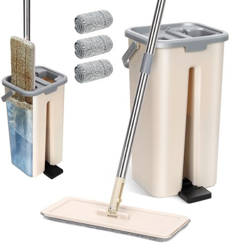 Masthome Wischmopp Set mit Eimer,2 in 1 Putzeimer mit Wischmop, Bodenwischer Set mit 3 Mikrofaser Wischpads, Wischer mit Auswringfunktion,Flachmopp Set für Laminat Hartholz Fliesen & Hartböden