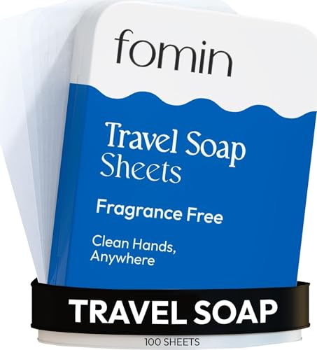 FOMIN - Antibacterial Paper Soap Sheets for Traveling - 100 Unscented Portable Hand Soap Sheets for Travel in Tin - Dissolvable Mini Portable Travel Soap Sheet for Hand Washing, Camping and Hiking