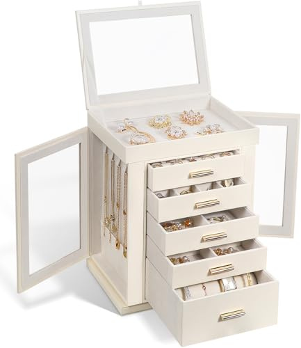 Schmuckkästchen,6 Ebenen Schmuckschatulle,Groß Schmuckkasten für Damen,Schmuckaufbewahrung mit Glasdecke,seitlich öffnenden Türen,Schmuckbox für Ringe,Ohrringe,Halskette,Geschenkbox für Mädchen Frauen