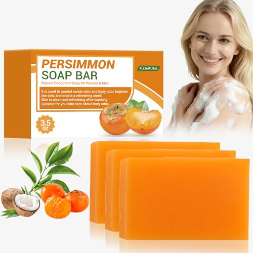 Persimmon tvålstycke mot kroppslukt, naturlig deodorant badtvål för ålderslukt, handgjord persimmon grönt te tvål för ansikte och kropp, djuprengöring och fuktgivande (3 st)
