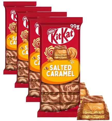 Nestlé KITKAT Tafel Salted Caramel, knusprige Waffel mit cremiger salted Caramel Füllung und überzogen mit mamorierter Schokolade, 4er Pack (1 x 99g)