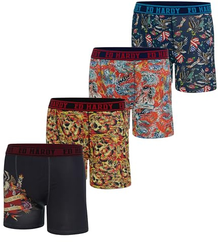 ED HARDY Mens Boxer Briefs 4 Pack, Soft Fabric Underwear, Pull On Closure, Machine Washable Comfortable Stretch Boxers