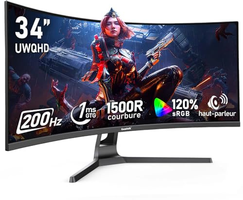 Gawfolk Écran PC Ultra Large 34 Pouces 1500R incurvé 200Hz Gaming Computer Moniteur,21:9 UWQHD(3440x1440),120% sRGB,Adaptive Sync,Haut-Parleur intégré，DisplayPort、HDMI，VESA 75 * 75MM-Noir