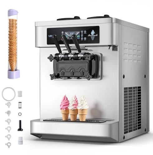VEVOR Macchina per Gelato Soft Commerciale Serve da Banco Produzione max. 20-28 L/h, Macchina per Creme Fredde Gelato Soft 2200 W 2 Tramogge da 6 Litri, Gelaterie, Pasticcerie, Feste, Ristorante