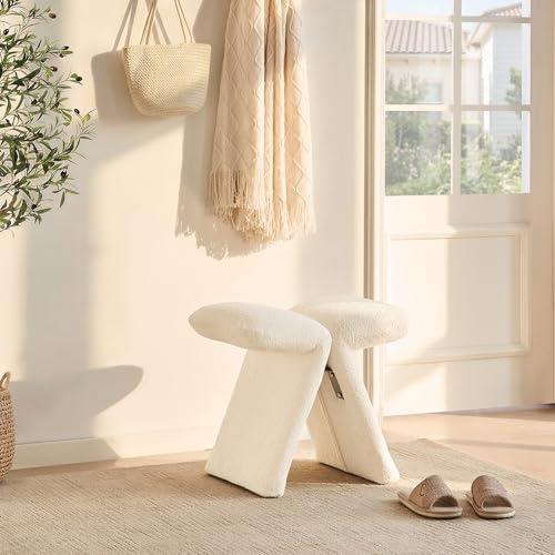 CLIPOP Stilvolle Hocker, Ottoman, Fußhocker, Butterfly Stool Design, Sitzhocker aus Teddy mit Schaumstoffpolsterung, für Schminktisch, Wohnzimmer, Schlafzimmer, Eingang, Flure, 56x50x43cm (Beige)
