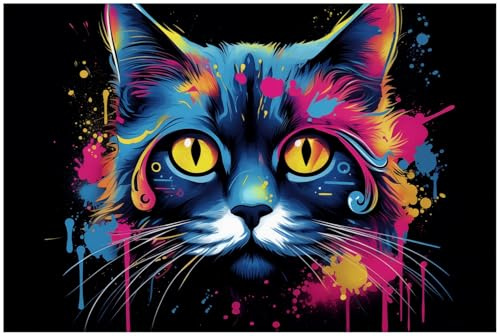 Wallario Küchenrückwand selbstklebend 90 x 60 cm, Motiv: Katze im Farbrausch | Spritzschutz abwischbar & pflegeleicht