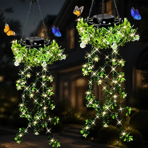 HOPASRISEE Solarbetriebene Hängelampe Aus Milangras, Künstliche Pflanzen Solarlampen Für Außen, IP65 Wasserdicht Girlande Efeu Lichterkette, Für Garten Baum Patio Balkon Rasen Deko (2pc)