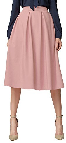 Urban GoCo Donna Vintage Vita Alta Pieghe a Campana Gonna Linea A con Tasche Midi Gonna Longuette (L, Rosa)
