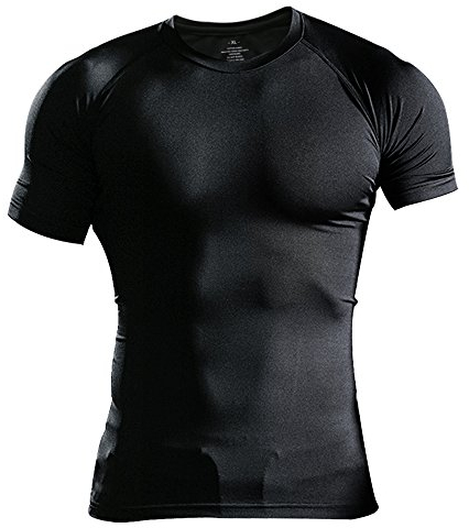 Musclealive Hommes Maigre Serré Compression Couche de Base Manche Courte T-Shirt La Musculation Tops Polyester et Spandex,Noir,L-(Buste 37po-39po)