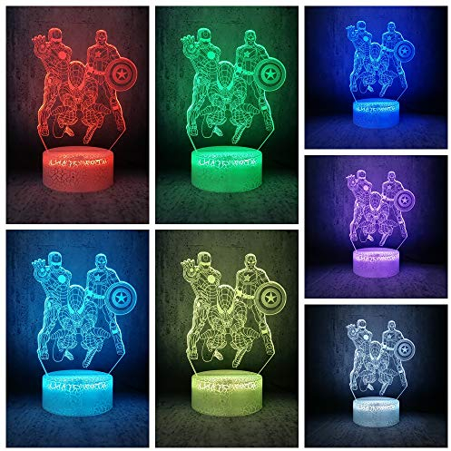 7 Color Changing Night Lamp 3D Atmosphere Bulbing Light 3D Visual Illusion LED Lamp for Kids Toy Christmas Birthday Gifts - Spiderman, Iron Man, Captain America (Heroes)