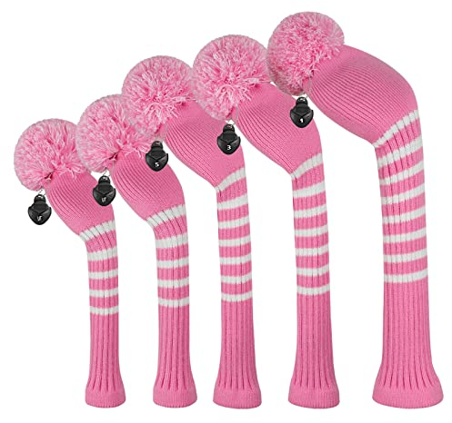 Scott Edward Pink&White Stripes Golf Club Covers Set of 5 Fit for Driver Wood(460cc) 1, Fairway Wood2,and Hybrid(UT) 2