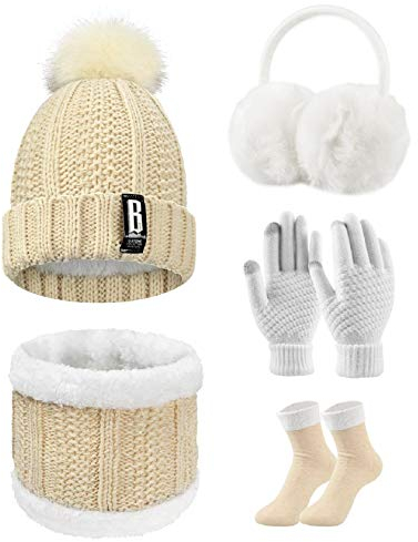 Tuopuda Wintermütze Handschuhe Damen Warme Beanie Winter Mütze Strickmütze Schal Gestrickte Handschuhe Verdickte Socken Plüsch Ohrenschützer Kombi Set Geschenk für Outdoor Sport Wärmen, Beige