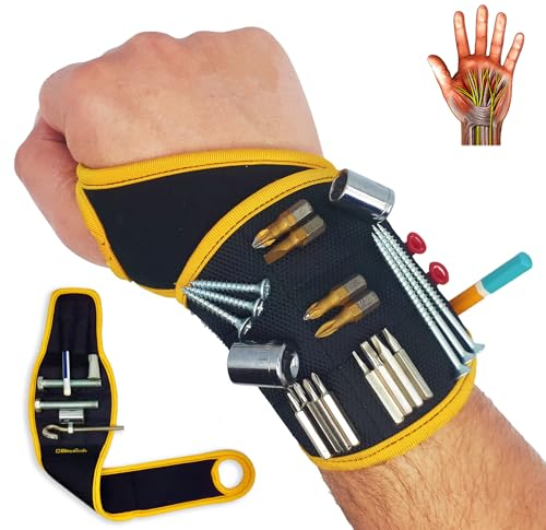 BINYATOOLS Braccialetto magnetico nero con magneti super forti che tengono viti chiodi punta da trapano Design unico per il polso fantastico e pratico gadget per padri fidanzati tuttofare elettricista