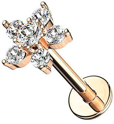 Taffstyle Piercing Stab Stecker Lippenpiercing Ohrpiercing Labret Lippe Ohr Tragus Helix Platte Stud Blume Blüte mit Glitzer Kristall 6mm Rosegold