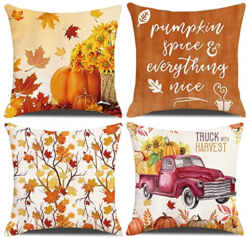 ZHAOMIMI 4er Set Dekorativ Kissenhülle Baumwolle Leinen Kissenbezug Dekokissen Sofakissen für Couch, Auto, Schlafzimmer 45x45 cm (Herbst Kürbis)