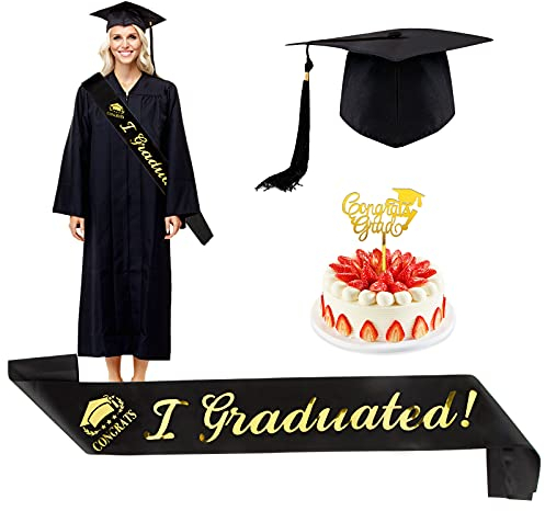 BETESSIN Abschluss Deko Set Schwarz Gold I Graduated Schärpe mit Graduation Hut und Congrats Grad Cake Topper Graduation Party Deko für Abschlussfeiern Abschlussparty Abi Foto Hintergrund usw.