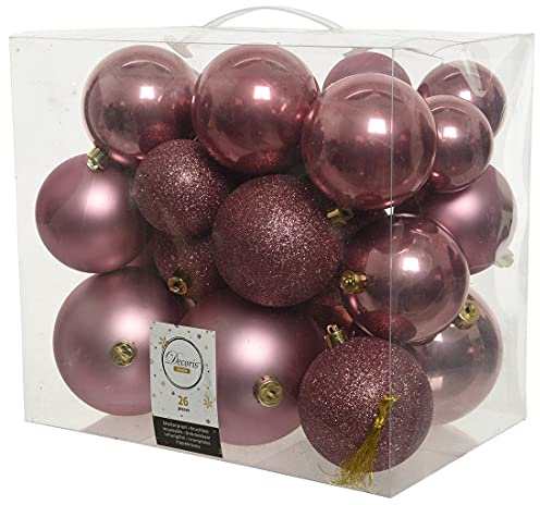 dekorativer bruchfester Kugelmix als 26-er Set aus PVC Weihnachtskugeln Baumschmuck Christbaumschmuck je im 6 cm, 8 cm und 10 cm Kugeldurchmesser in matt, glänzend und Glitzer (samtpink)