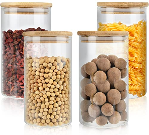 N/A 4 Pcs Glass Storage Jars Set 850 ml with Lid,Transparent Spice Jars Storage Container Glass Storage Jars,Storage Jars Canisters Set for Jam Pasta Spaghetti Tea Coffee Beans Cookie Snack