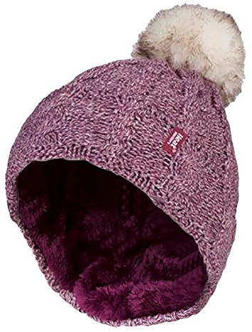 HEAT HOLDERS - Ladies Warm Knit Fleece Lined Cuffed Thermal Winter Bobble Hat with Pom Pom (One Size, Pink)