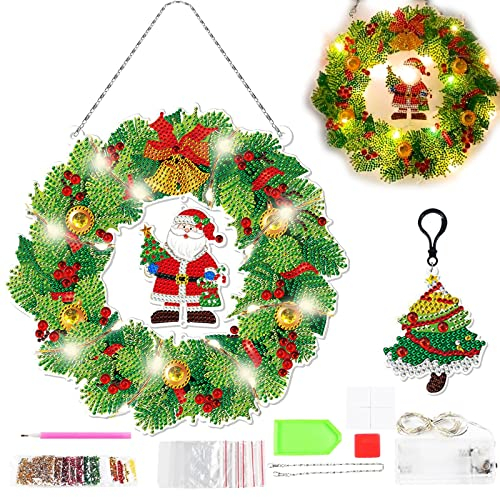 5D Diamant Malerei Set, DIY Türkranz Weihnachten mit LED Lampengürtel Schlüsselanhänger Aufhängerkette Diamantstift Weihnachten Runde Kranz Weihnachtskranz für Erwachsene Kinder