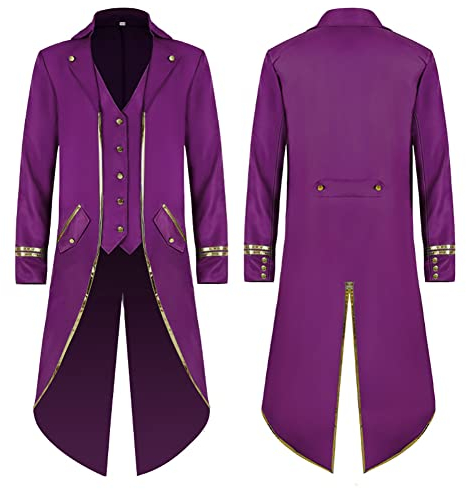 FYMNSI Herren Gothic Steampunk Frack Mantel M?nner Langes Smoking Mittelalter Viktorianischen Retro Jacke mit Waistcoat Uniform Karneval Fasching Halloween Kost?m Party Cosplay 2# Lila 2XL