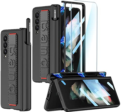 SOUTEM Coque pour Samsung Galaxy Z Fold 3 5G avec Dragonne et Protection D'écran et Fente pour Stylet S, Housse de Protection à Charnière Magnétique Antichoc Anti-Rayures(sans Pen),Noir