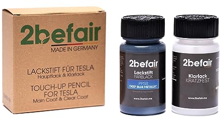 2befair Lackstift Tesla (Deep Blue Metallic) Made in Germany, Autolack Set mit Hauptlack & Klarlack (je 60 ml), für kleine Kratzer im Lack, Zubehör fürs Auto, dunkelblau