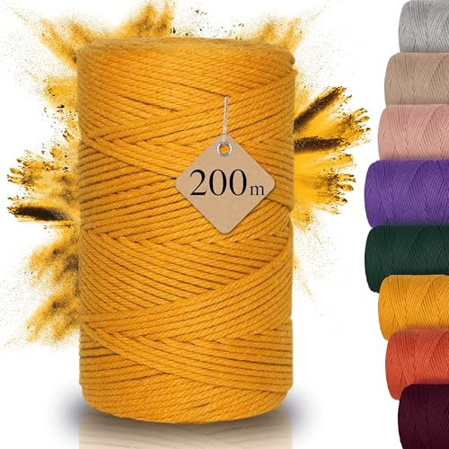 AMPARA – Weiches Makramee Garn 3mm x 200m - 100% Recycelt | umweltschonend & hochwertig - Makrameegarn für DIY Kunst (gelb)
