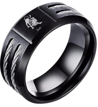 LODMLOER Tiefe Persönlichkeit Schwarz Twisted Text Art Zwölf Sternzeichen Design Ring, Damen/Männer Horoskop Himmlische Astrologie Set Damen Modeschmuck Geburtstagsgeschenk, Löwe, 10