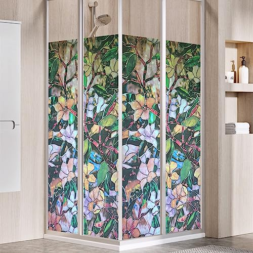 JOLIHOME Sichtschutz Folie Buntglas Fensteraufkleber Klebefrei Mattiert Vinyl Folie Statisches Kleben Rollen für Dusche und Bad Wärmekontrolle Bunte Orchideen 44.5x200cm