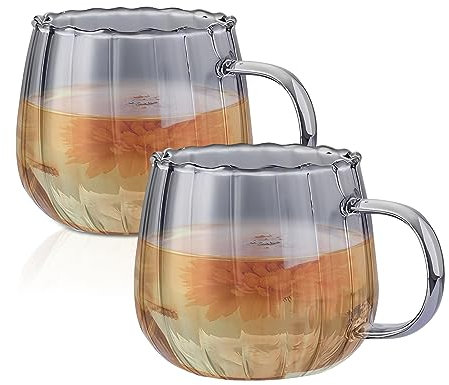 Halloween Pumpkin Cup, Clear Ribbed Glasses with Handle, Halloween Pumpkin Glasses Set, Clear Bubble Glasses, Latte Macchiato Glasses, Pumpkin Autumn Cup, Glasses for Coffee, Milk, Juice, Tea (B)