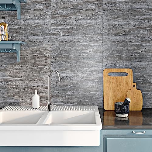 Livelynine Fliesenaufkleber Küchenrückwand Fliesenfolie Bad Wasserfest 16 Fliesen PVC Fliesen Selbstklebend Küche Wand 60x30CM Klebefolie Fliesen Betonoptik Grau Fliesensticker Badezimmer Boden Räume