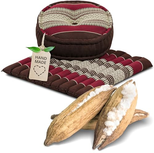 livasia Meditationsset L - Ø 38x15cm / Matte 50x50x4,5cm - Yogaset mit Kissen und Matte, Pouf, Yogamatte und Yogakissen mit Kapok handgefertigt, Bodenkissen Outdoor, Zafukissen (Weinrot)