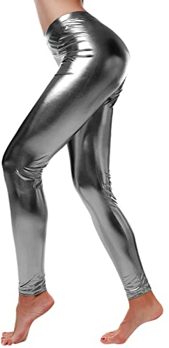Metallic Leggings Glanz Leggings Leggings Silber Metallic Glänzende Flüssigkeit Metallisch hoher Taille Dehnbar-Leggings Lack Leder Sportlegging Schmale Passform Karneval Party,Frauen