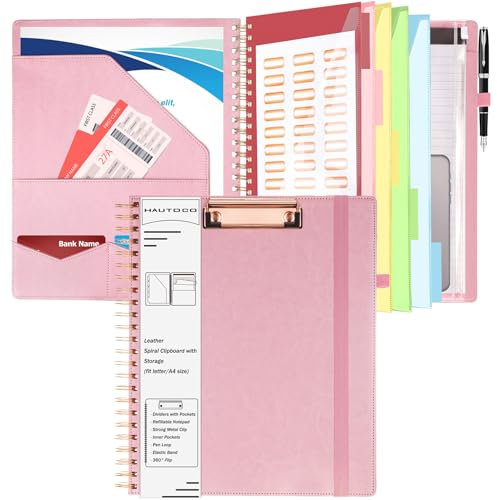HAUTOCO PU-Leder Klemmbrett Folio mit Zip Beutel, Klemmbrettmappe A4 mit nachfüllbarem Notizblock, Klemmbrett mit 5 A4-Ordnern und 10 Taschen, für Schule/Büro, Rosa