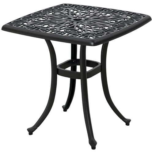 Outsunny Mesa de jardín pequeña Cuadrada de Aluminio Fundido con Agujero para sombrilla, Mesa Auxiliar Exterior para Patio, balcón, Junto a la Piscina, 53 x 53 cm, Color Negro