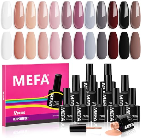 MEFA UV Nagellack Set, Gel Nagellack UV Set 12 Farben Nude Rot Lila Braun Glitzer UV Gel Nagellack Soak-Off UV Nagellack für Anfänger DIY Nailart zu Hause Frühling Sommer, 7 ML