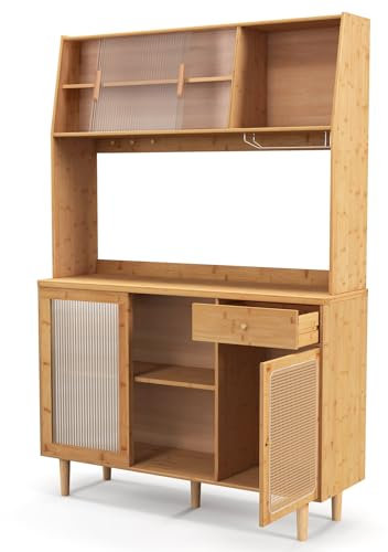 GIANTEX Küchenbuffet mit Aufsatz, Küchenschrank Buffetschrank Bambus, Vitrinenschrank Hochschrank mit Rattantür & Schiebetür & Schublade, Vorratsschrank mit Glashalter, Mehrzweckschrank 120x35x175 cm