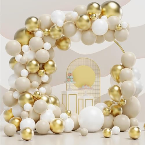 Luftballon Girlande - 125 Stück, Beige-Weiß-Gold, Sand-Weiß-Creme-Weiss Nude Konfetti, Golden für Geburtstag, Hochzeit, Babyparty Dekoration