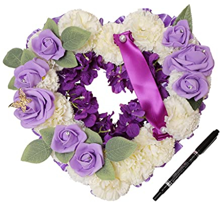 BAHJKASD Künstliche Blume, Beerdigung, Blumenarrangements, herzförmiger Gedenkkranz mit Schleife, Grabhallen-Dekoration, Gedenkkränze