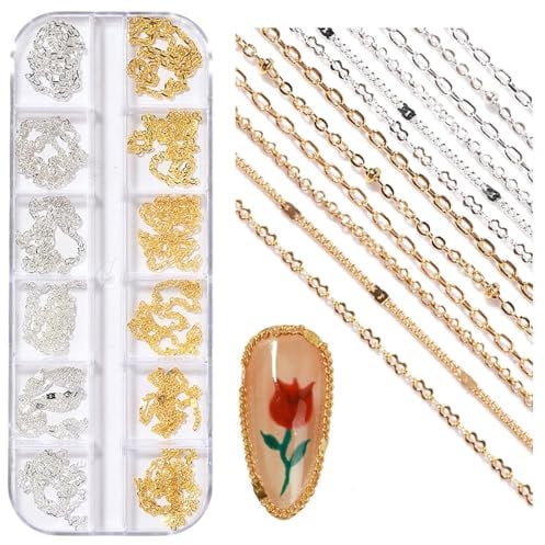 NICENEEDED 12 Strips Metal Nail Art Chains, Silver Gold Nail Jewelry Chains with Box, Alloy Nail Chains Punk Nail Charms Nail Ornaments Nail Jewels Nail Art Studs for Manicure Decoration