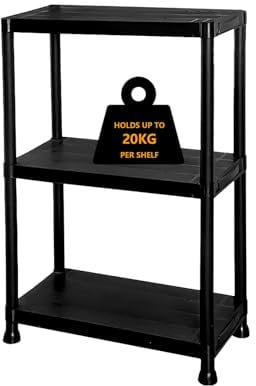 Crystals 3 Tier Plastic Shelving Unit | Garage Shelving Units | Heavy Duty Racking Shelving & Storage | Multipurpose Plastic Storage Shelves for Garage, Warehouse, Workshop, Sheds and Office - Black